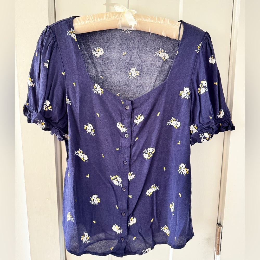 Elodie Navy Square Neck Top with Floral Accents